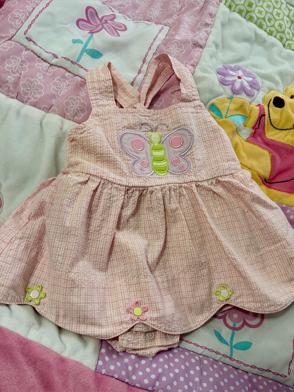 VINTAGE 90’s Mini Wear Baby Romper / Dress 1-pc Pink Seersucker Plaid 3-6 Months